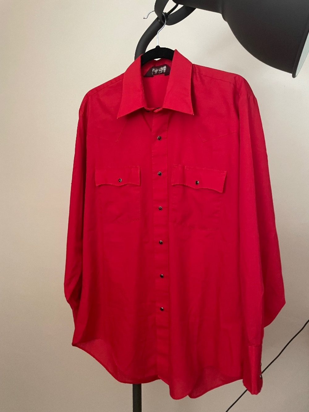 Vintage 70s Bright Red Pearl Snap Western Rockabilly Long Sleeve Shirt Size L